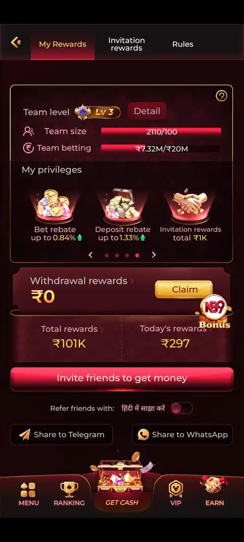 NB9 Game app in-app rewards and referral screen, showing the app's own marketing figures for bet rebates and invitation rewards